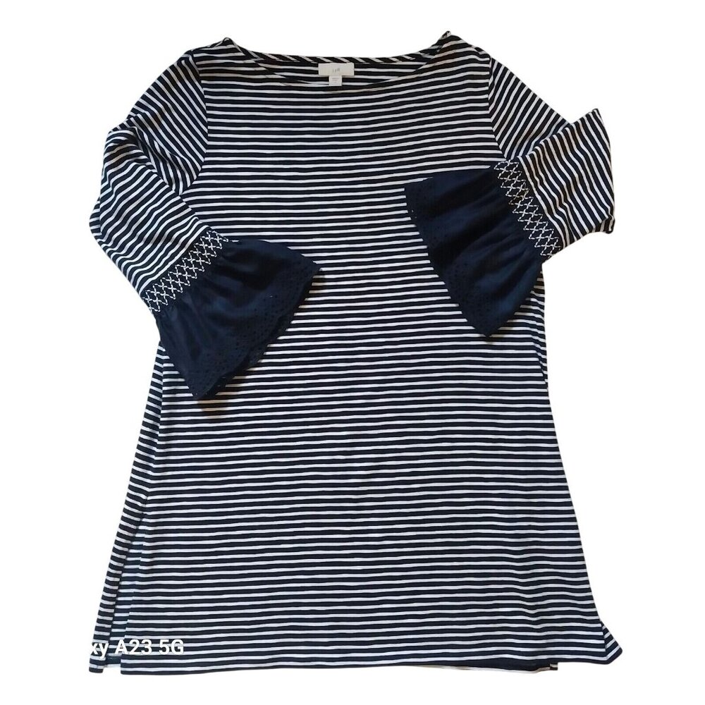 J.Jill Womens Striped Long Sleeve Top With Eyelet Bell Cuffs Size S Navy/White C